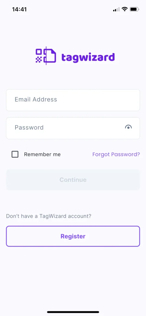 Tag Wizard - Asset Tagging App - Login Screen