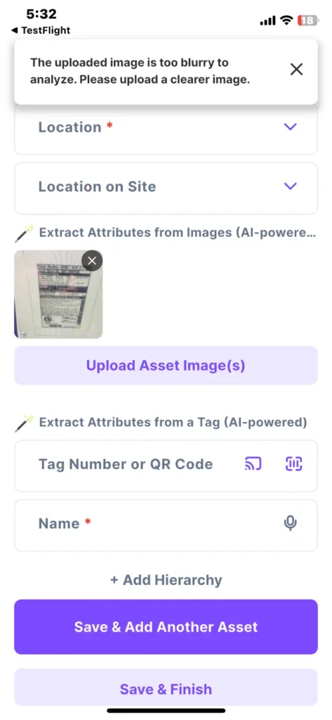 Add Asset - Error Message for Blurry Image - Tag Wizard - Asset Tracking App