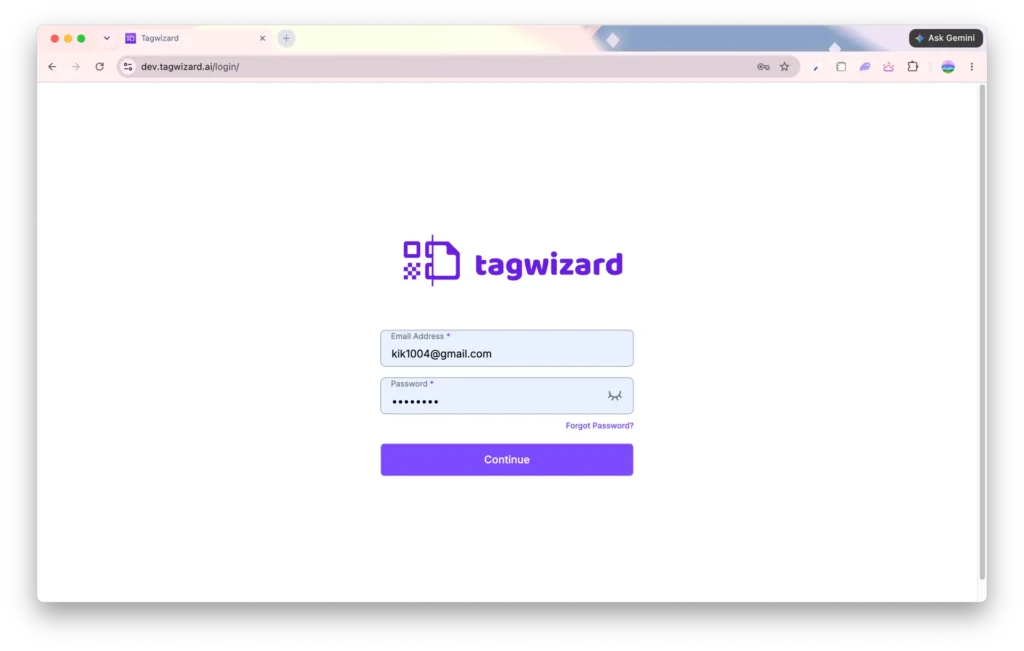 Tag Wizard - Login Screen - Desktop